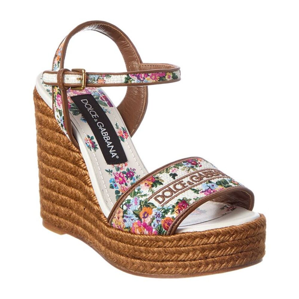 Dolce & Gabbana Majolica Canvas & Leather Wedge Sandal